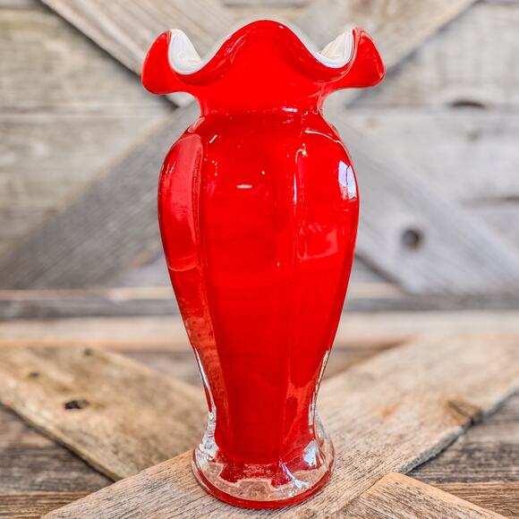 Vintage Ruby Red and White Blown Cased Art Glass Ruffled Vase, 7.5”H - Picture 1 of 6